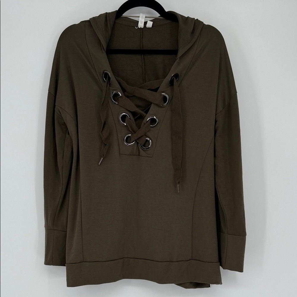 Cable & Gauge Olive Green Lace-Up Hooded Top XL Boho Long Sleeve